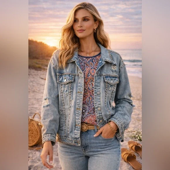 POL Studded Distressed Denim Jacket | Boho at Dawn | Size Small 🌅 - Picture 5 of 11